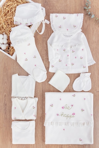Çiçek İşlemeli Güpürlü Pamuklu 10 Parça Kız Bebek Hastane Çıkışı Bebek Takımı Beyaz