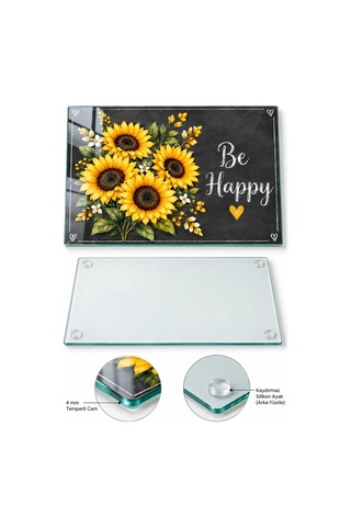 Gökçeoğlu Cam Kesme Tahtası Sarı Ayçiçekli Siyah Zeminli Be Happy Temalı - Cam Kesme Tablası 20cm X 30cm Çok Renkli