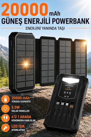 Exenar - Siyah - Güneş Enerjili Powerbank 4 Solar Panel Taşınabilir Şarj Cihazı Kendinden Kablolu Led Fenerli 20000mah Black