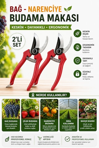 Budama Makası Bağ Narenciye Bahçe Bitkileri İçin Ergonomik 2 Li Set