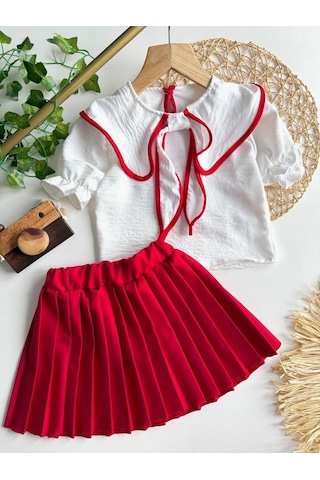 Yazlık Kısa Kollu Bluz Pileli Etek Kız Çocuk Takım Kırmızı