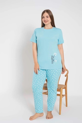 Senfoni Kadın Büyük Beden Bisiklet Yaka Kısa Kol Pamuklu Pijama Takımı 6083 -1 Adet Turkuaz