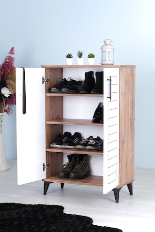 Luna 2 Kapaklı 4 Bölmeli Modern Ayakkabılık - Beyaz / Çam Desenli
