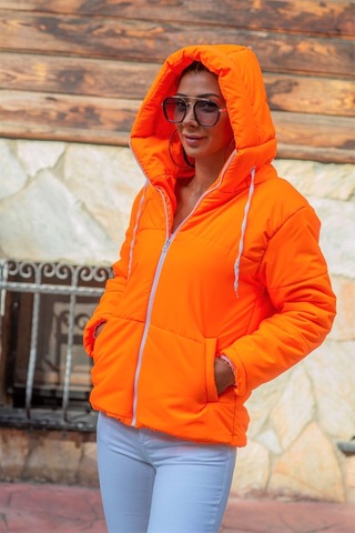 Kadın Neon Turuncu Su Geçirmez Kapüşonlu Şişme Mont