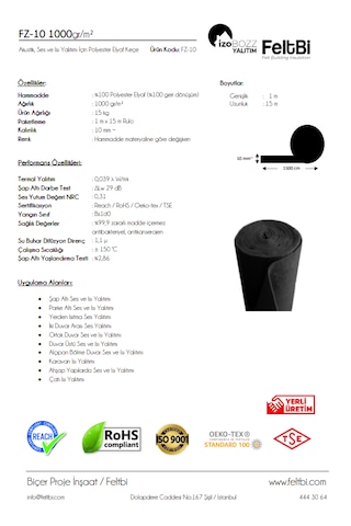 İzobozz&feltbi 10mm 1000 Gr/m2 Isı Ve Ses Yalıtımı Polyester Elyaf Keçe