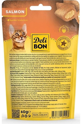 Delibon Crunchy İçi Dolgulu Bisküvi Somonlu Kedi Ödülü 60 G