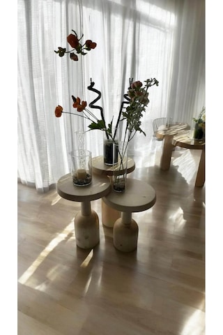 Simillo Wood Ahşap 3 Lü Set Mantar Yan Sehpa Konik Model / Naturel Renk / Zigon Sehpa Kod:trd10113 Kahverengi