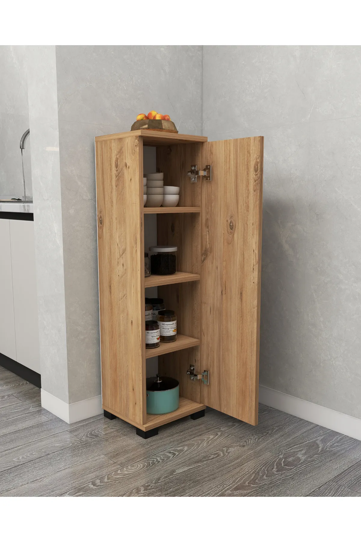 Irmak Dünyası Çok Amaçlı Tek Kapaklı Mini Dolap Erzak Dolabı Banyo Dolabı Ceviz