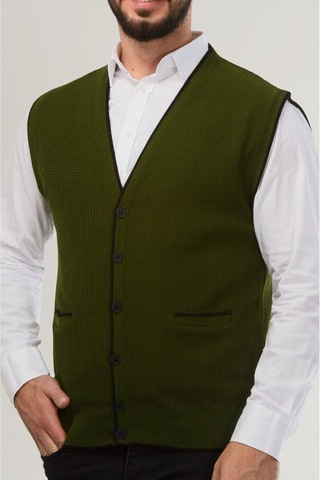 Kamalı Haki Erkek V Yaka Triko Düğmeli Cepli Çizgi Desenli Regular Fit Tüylenmeyen Örgü Yelek Haki