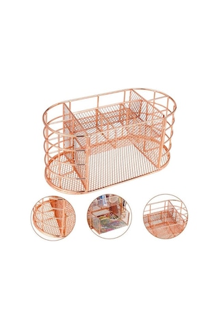 Temel Rose Gold Metal Mesh Masaüstü Organizer Çekmeceli Çok Bölmeli 22x11x11 Cm 9507r