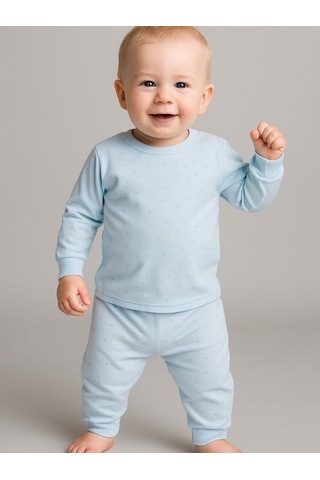 Çocuk Pamuklu Çiçek Desenli Pijama Takımı-16051 Mavi