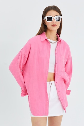 Mixray - 3833 Kadın Oversize Cepli Müslin Gömlek Pembe
