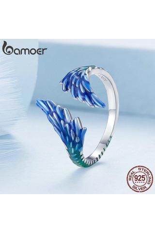 Bamoer 925 Ayar Gümüş Mavi Emaye Tüy Açılış Halkası Guardian Kanat Ayarlanabilir Yüzük Kadınlar İçin Güzel Takı
