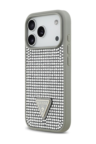 Apple Uyumlu iPhone 17 Pro Kılıf Guess Lisanslı Taşlı Arka Yüzey Üçgen Logolu Kapak Gümüş