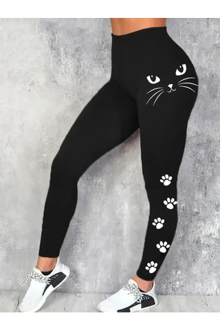 Ramımse Kadın Yüksek Bel Kedi Baskılı Dalgıç Tayt SiYAH