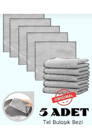 Mainshop 5 Adet Tel Bulaşık Bezi Çizmez Bulaşık Teli Çelik Bez 20x20 Cm Çift Katmanlı M-602 Gri