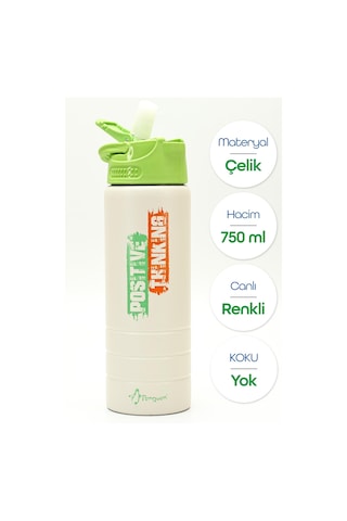 Paslanmaz 304 Çelik Matara Pipetli Motivasyon Matarası Suluğu 304 Çelik Suluk Yeşil 750 Ml 1156 Yeşil