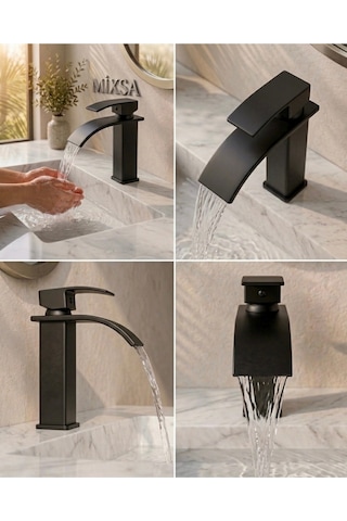Mat Siyah Lavabo Bataryası - Şelale Akışlı Modern Banyo Musluğu Sabit Lavabo Çift Su Girişli