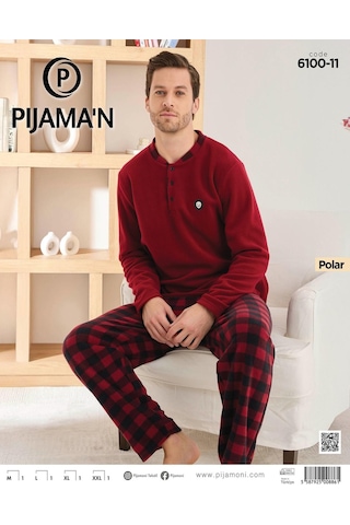 Pijamoni Erkek Düğme Yaka Kışlık Polar Pijama Takımı 6100/11,1 - 1 Adet Bordo