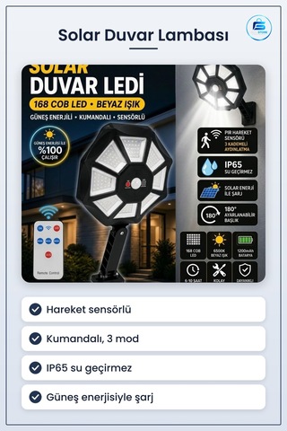 Solar Duvar Lambası Hareket Sensörlü Kumandalı Kablosuz Su Geçirm