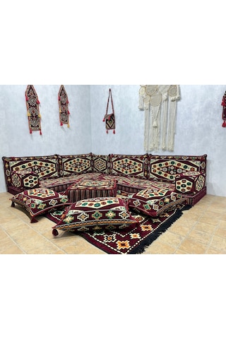 Coton Şark Köşesi Yörük Desenli Minder Takımı Bordo 18 Parça