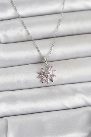 316l Çelik Zincir Gümüş Renk Pembe Papatya Model Kadın Kolye Karışık Renk