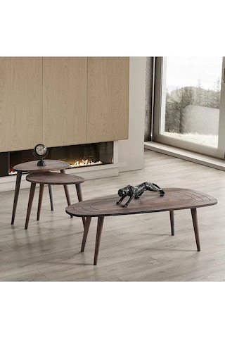 Favdecor Sweet Masif Doğal Ahşap Sehpa Set Koyu Ceviz