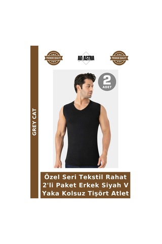 Grey Cat Özel Seri Tekstil Rahat 2'li Paket Erkek Siyah V Yaka Kolsuz Tişört Atlet Siyah-2