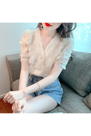 Zarif V Yaka Stereo Çiçek Dantel Şifon Gömlek Kadın 2023 Kısa Kollu Bluz Rahat Sweet 27434 Sayesinde İki Parçalı Tops Kayısı