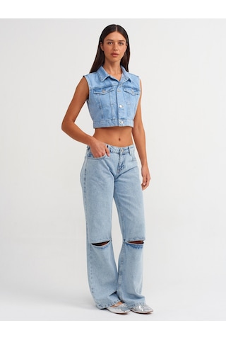 Dilvin Diz Bölümü Açık Geniş Denim Pantolon Mavi