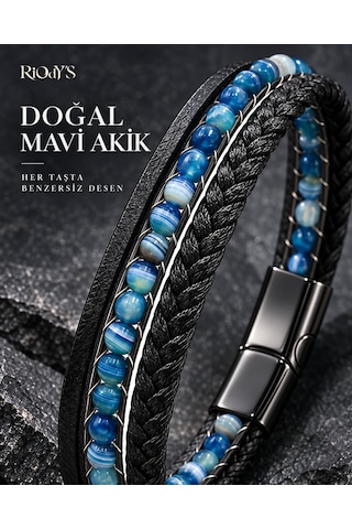 Riody's Agata Blu Erkek Bileklik Doğal Mavi Akik Taşlı Siyah Deri Çelik Kilit Siyah-mavi