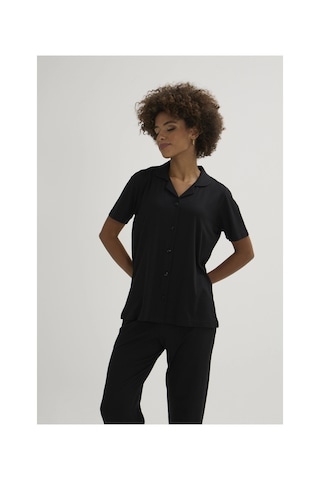 Angbutik Kocabey Kkt-26150k Kadın Apaj Yaka Boydan Düğmeli Pijama Takımı Siyah