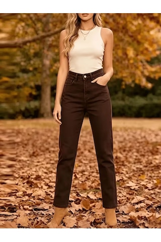 Layal My Beauty Jeannine Kadın Jeans Yüksek Bel Mom Boyfriend Dar Paça Denim Kot Pantolon Kahve