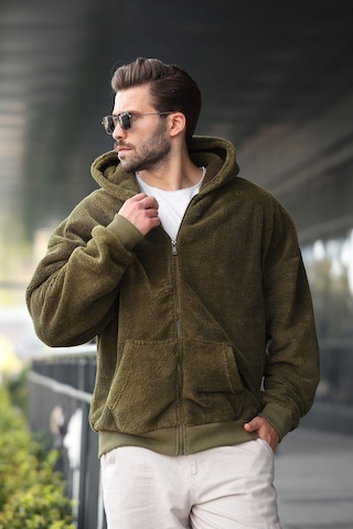 Madmext Haki Peluş Over Fit Kapüşonlu Fermuarlı Erkek Sweatshirt 6049 Haki
