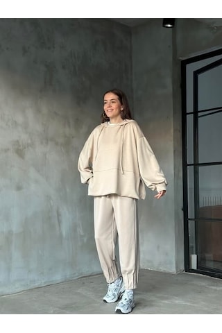 Kadın Oversize Fermuarlı Kapüşonlu Sweatshirt Pileli Paça Tesettüre Uygun Spor Şık Eşofman Takımı Bej