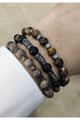 Nursaat Captiva Stell 3.Lü Set Doğaltaş Erkek Bileklik Seti N11.70196 Siyah