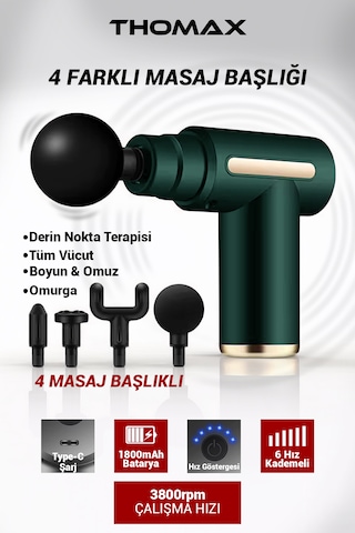 Thomax Profesyonel Şarjlı Darbeli Masaj Tabancası Masaj Aleti 4 Başlıklı 6 Kademe Tüm Vücut Yeşil