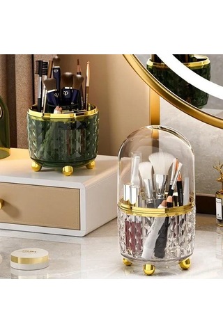 Yuntech01 Scheın Abs Plastik Güneş Yeşili Döner Kosmetik Organizer, 6 Bölmeli, Toz Koruyucu Kapaklı, 21x12x12 Cm Şeffaf