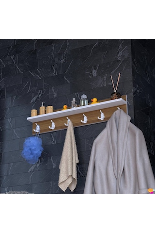 Modilayn Kedi Serisi 6 Lı Banyo Askısı Seti 96,4x18cm 18 Kancalı Raflı Düzenleyici Yer Tasarrufu. Beyaz - Ceviz