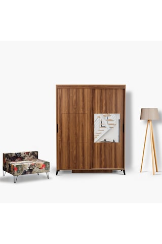 Pasifichome Huga Sürgülü Gardırop Ceviz 130Cm / 2 Kapaklı Çekmeceli Dolap