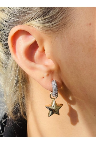 Zirkon Taşlı Yıldız Figür Sallantılı Çelik Küpe Altın - Gümüş