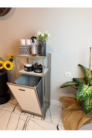 2 Raflı Çamaşır Sepeti Dolabı Metal Gövdeli Banyo Organizeri & Kirli Çamaşır Sepeti Bej
