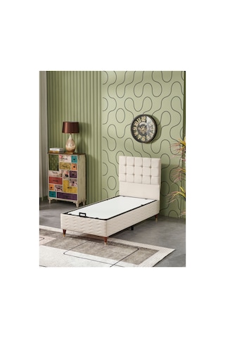 Beehanem Bengü Konforlu Başlık + Baza + Yatak Seti 90x190 Tek Kişilik Krem Sandıklı Premium 3'lü 90 x 190