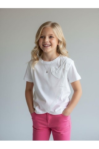 Zekids Kız Çocuk Fiyonk Detaylı Basic T-shirt-16965 Beyaz