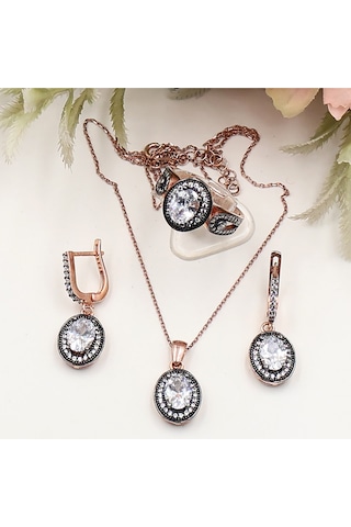 Büyük Oval Sallantılı Etrafı Taşlı Tek Taş Set Rose Gold - Gümüş