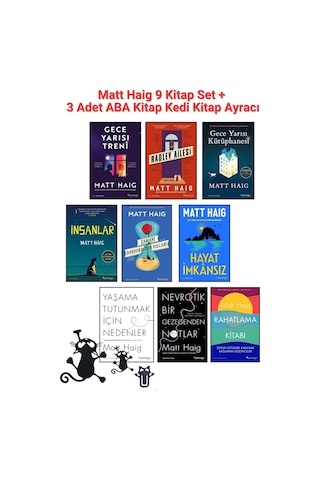 Matt Haig Seti - 9 Kitap Set - Gece Yarısı Treni, Gece Yarısı Kütüphanesi + 3 Adet Aba Kitap Kedi Kitap Ayracı