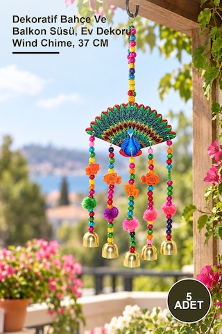 5 Adet Tavuskuşu Rüzgar Çanı Dekoratif Bahçe Ve Balkon Süsü, Ev Dekoru, Wind Chime, 37 Cm