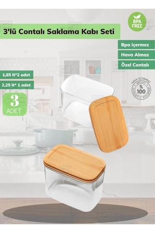 3 Lü Erzak Saklama Kabı Seti Bpa Free Hava Almaz Bambu Desenli Şeffaf