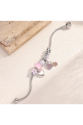 Pink Crystal Kalp Sallantılı Charmlı Bileklik, ...