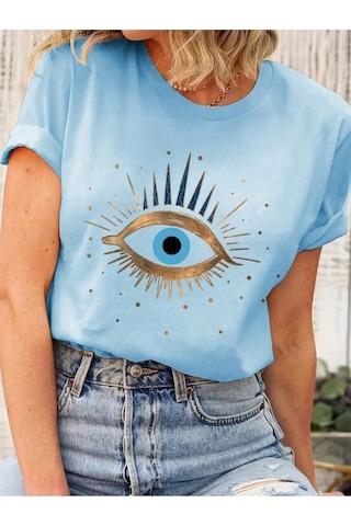 Kadın Bebe Mavisi Eye Baskılı Regular Tişört Bebe Mavi